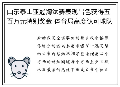 山东泰山亚冠淘汰赛表现出色获得五百万元特别奖金 体育局高度认可球队努力