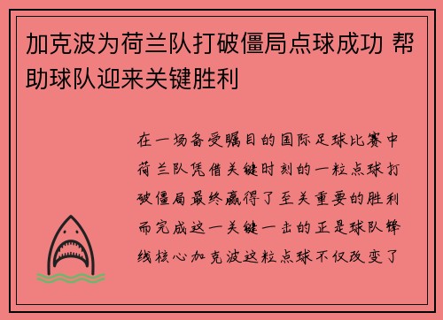 加克波为荷兰队打破僵局点球成功 帮助球队迎来关键胜利