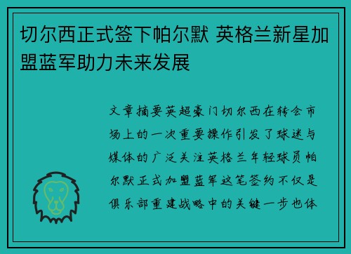 切尔西正式签下帕尔默 英格兰新星加盟蓝军助力未来发展