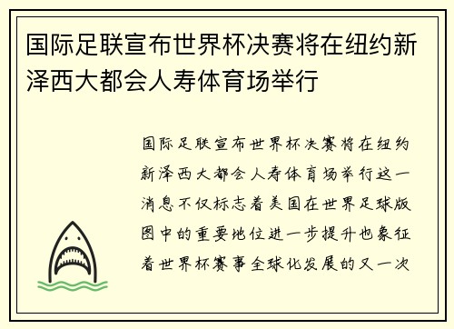 国际足联宣布世界杯决赛将在纽约新泽西大都会人寿体育场举行